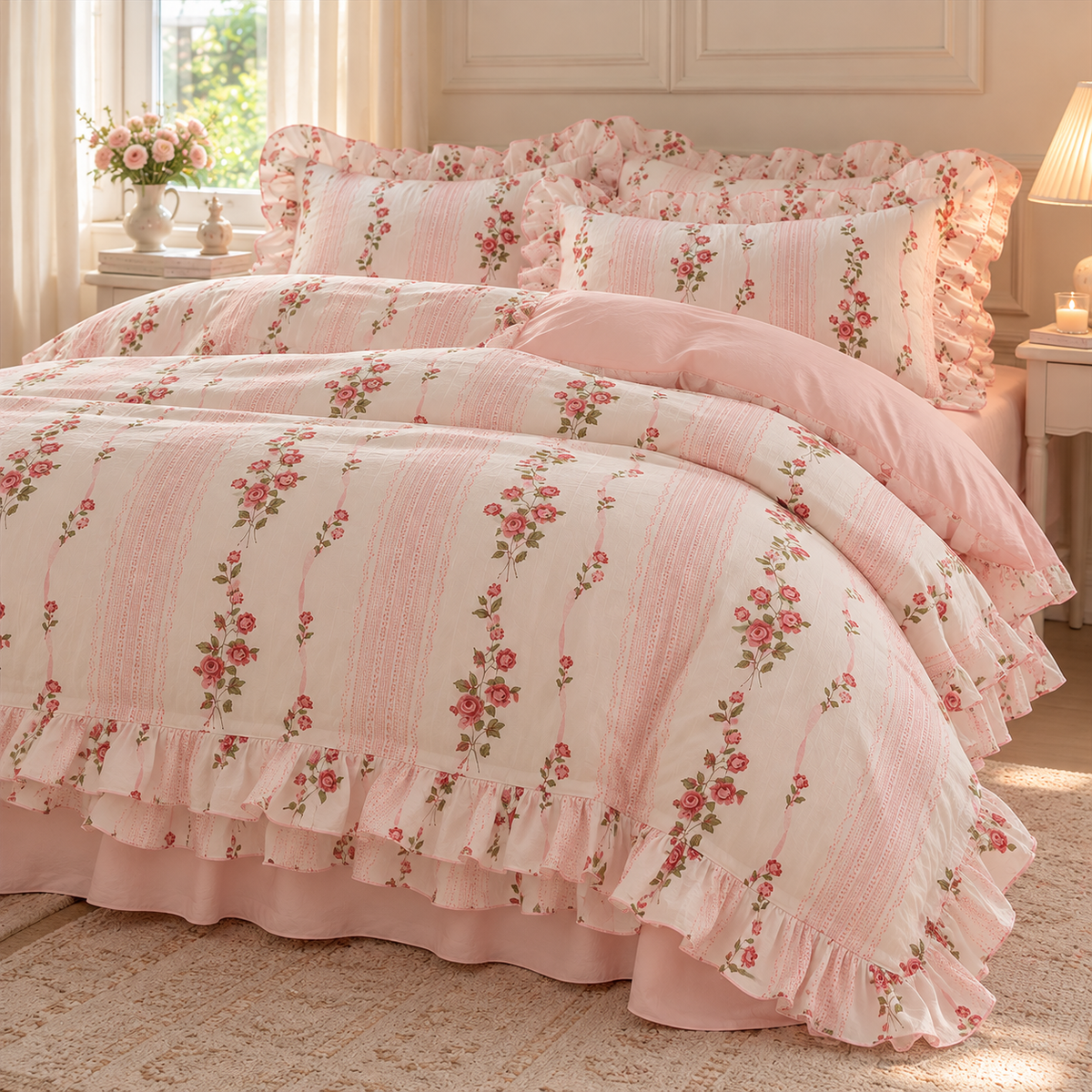 A pink and white floral bedding set with ruffled trim, including a comforter, matching pillow shams, and a bed skirt, styled in a bright, classic bedroom.