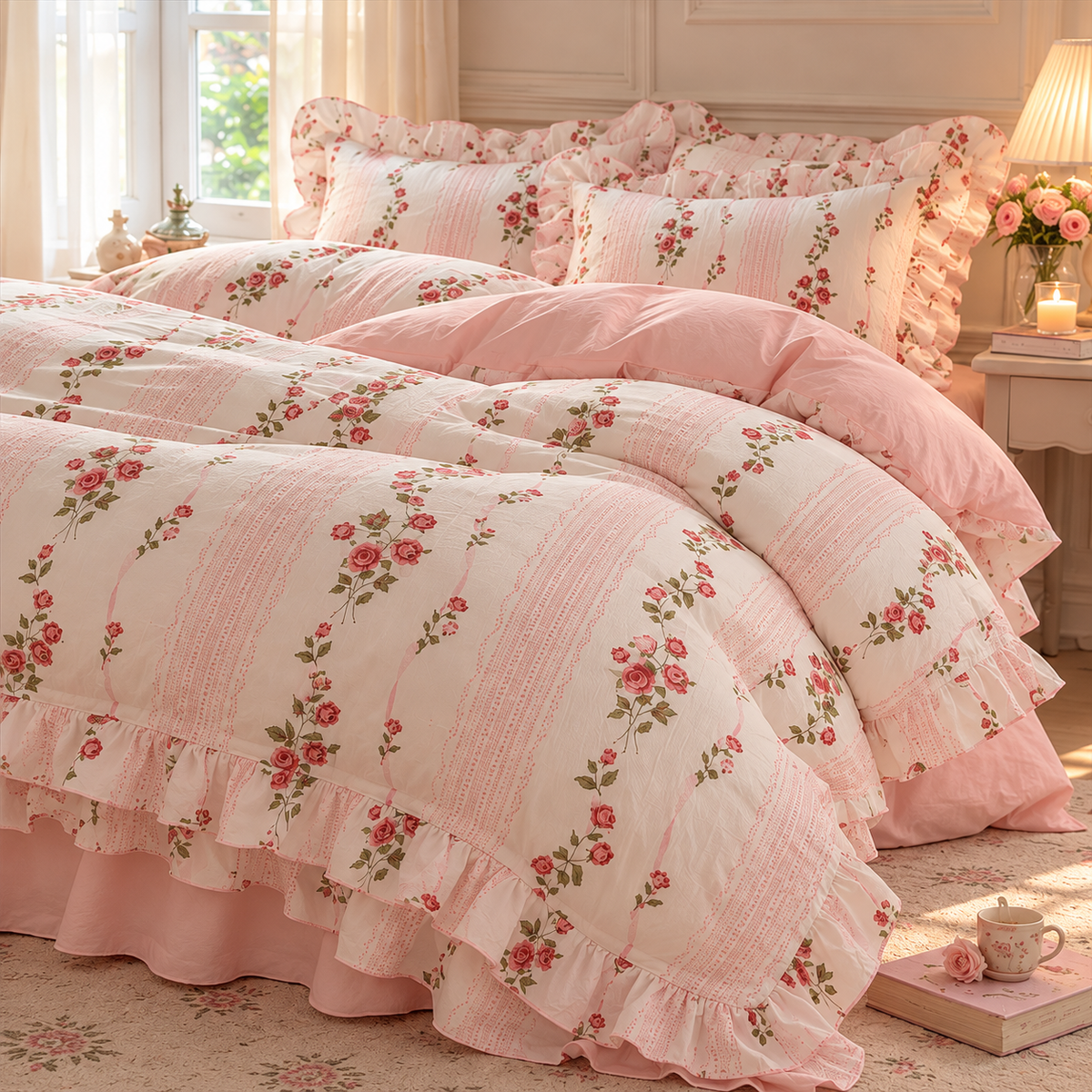 A pink and white floral bedding set with ruffled edges 