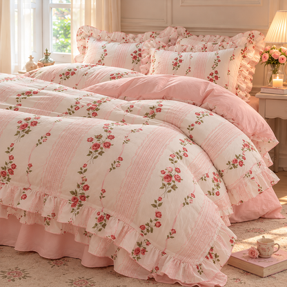 A pink and white floral bedding set with ruffled edges 
