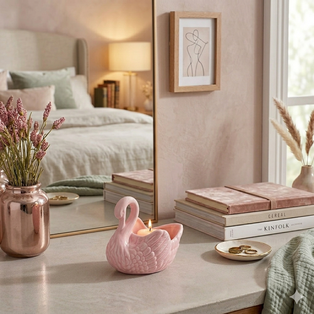 Pink swan candle on a table with books and decor in a bedroom setting