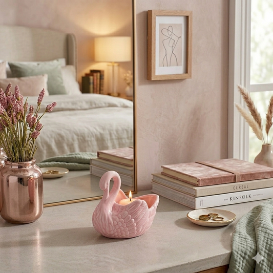 Pink swan candle on a table with books and decor in a bedroom setting