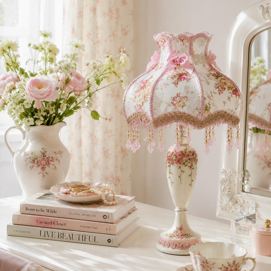 A decorative table lamp with a pink and floral patterned shade and matching base sits on a white vanity table beside a teacup and saucer, a vase of pink flowers, stacked books, and a mirror in a softly lit room.