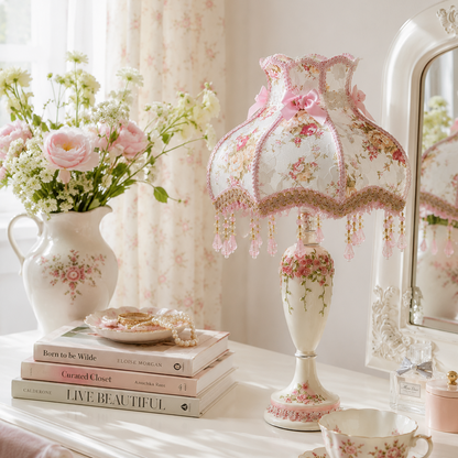 A decorative table lamp with a pink and floral patterned shade and matching base sits on a white vanity table beside a teacup and saucer, a vase of pink flowers, stacked books, and a mirror in a softly lit room.