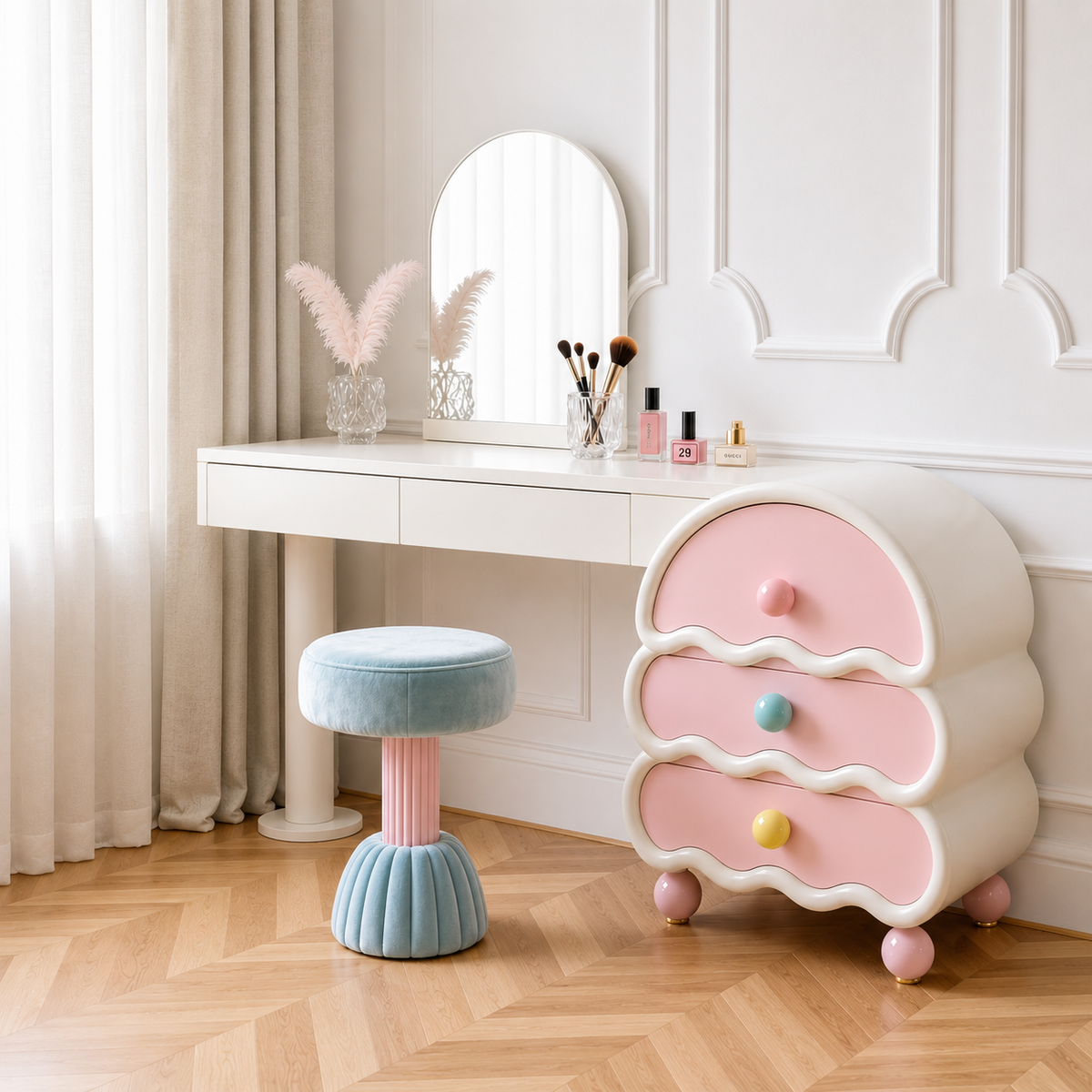pink wooden dressing table 