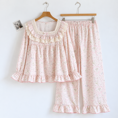 Frilly Floral Cotton Pyjama Set Creative Femininity