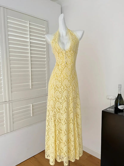 vintage yellow lace halter dress