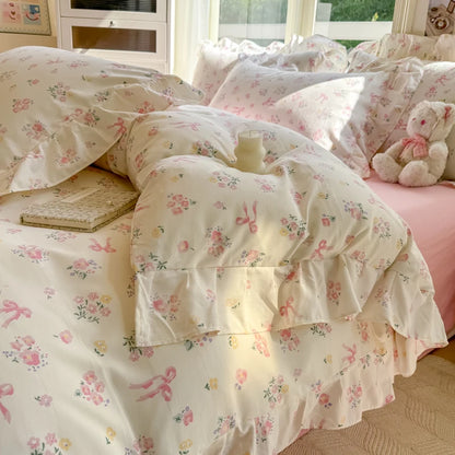 white ruffle duvet cover with pink bows 