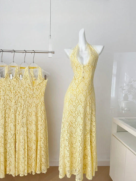 yellow lace halter maxi dress 