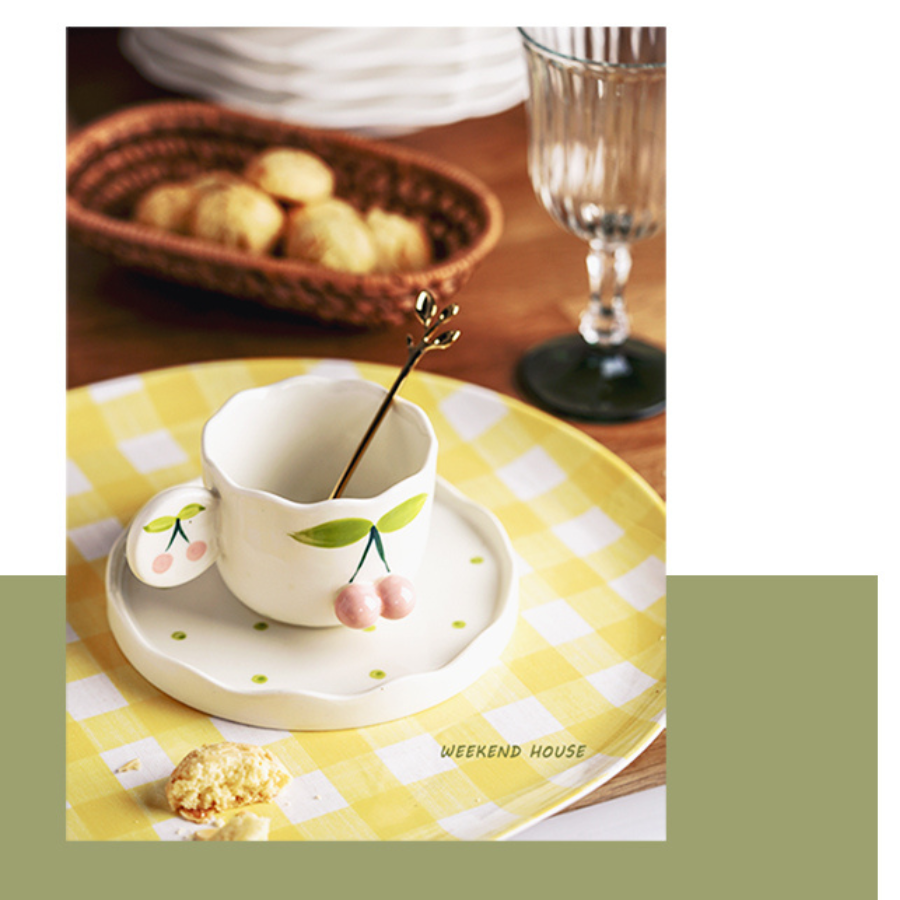 Kawaii Cherry Coffee Cup & Saucer Set