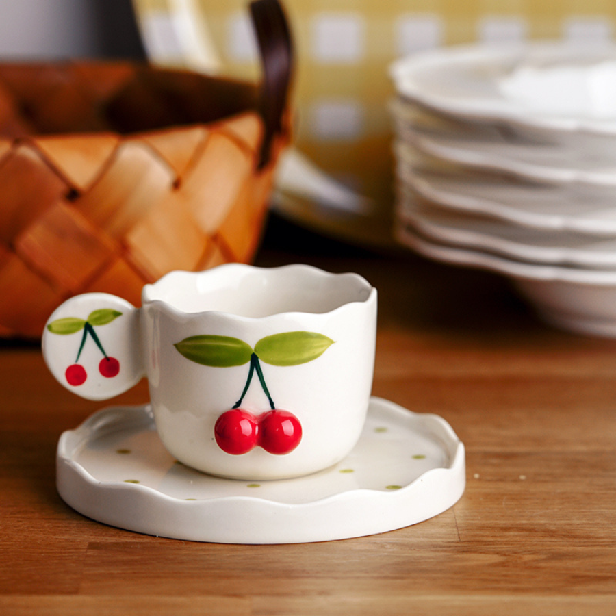 Kawaii Cherry Coffee Cup & Saucer Set