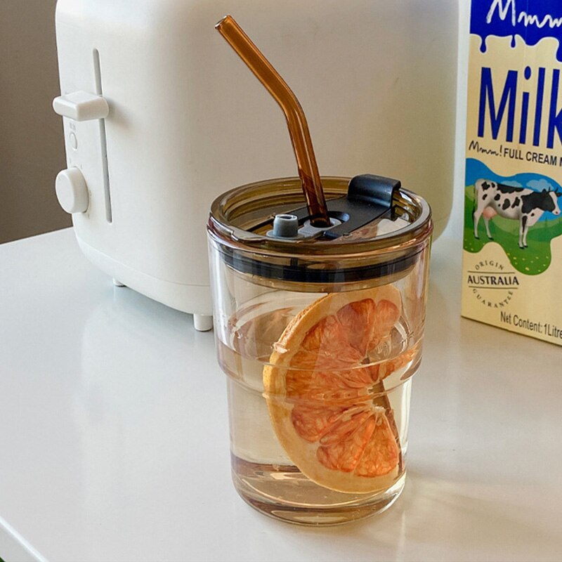 Glass Iced Coffee Cup With Lid & Straw