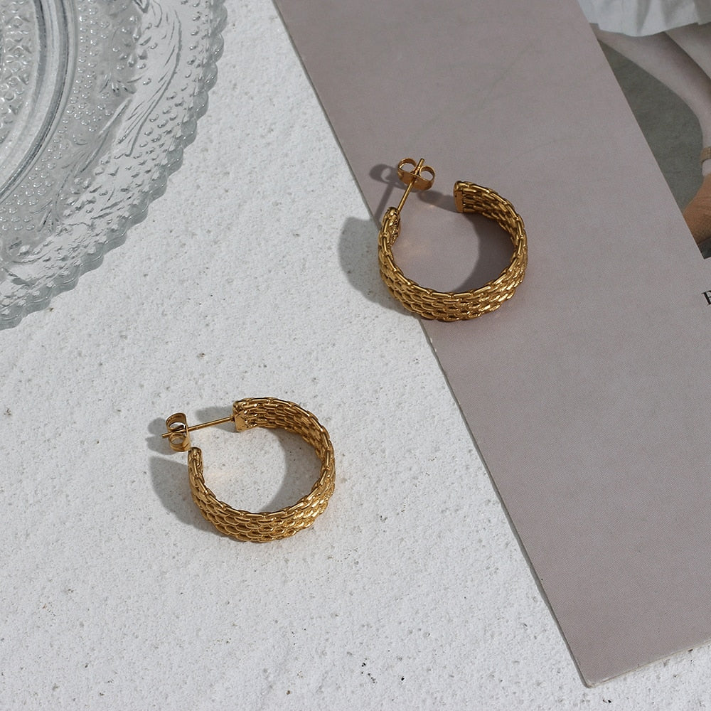 18k Gold Woven Braid Metal CC Hoop Earrings