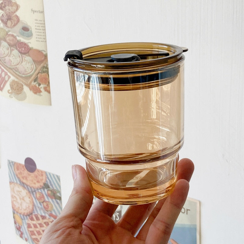 Glass Iced Coffee Cup With Lid & Straw