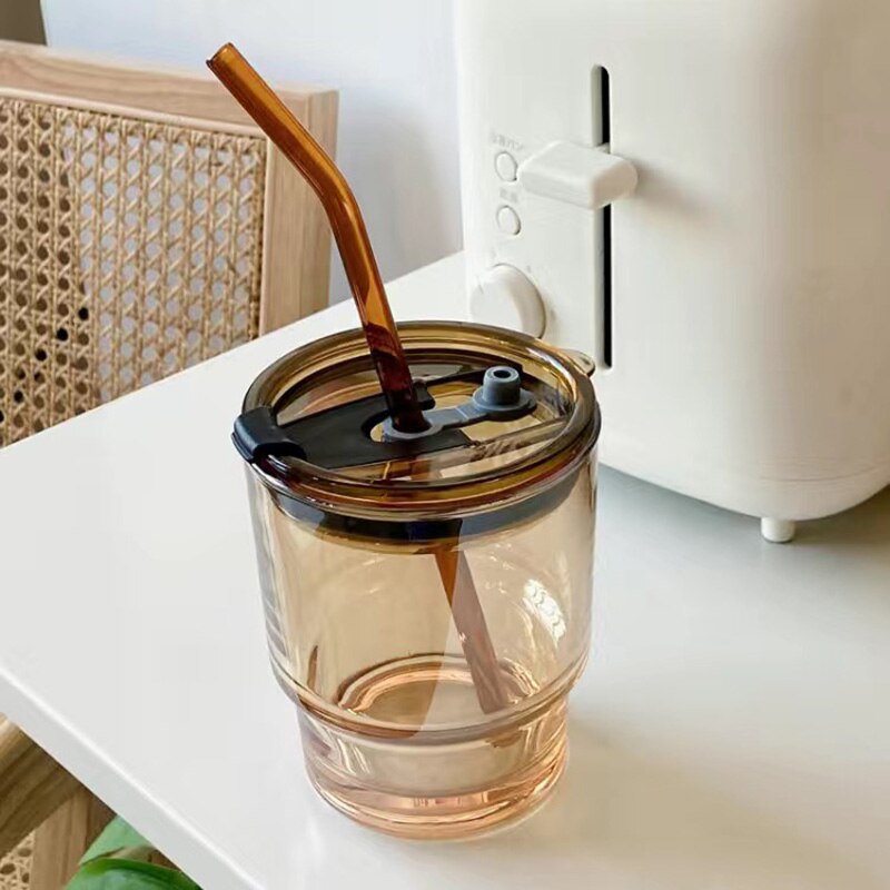 Glass Iced Coffee Cup With Lid & Straw