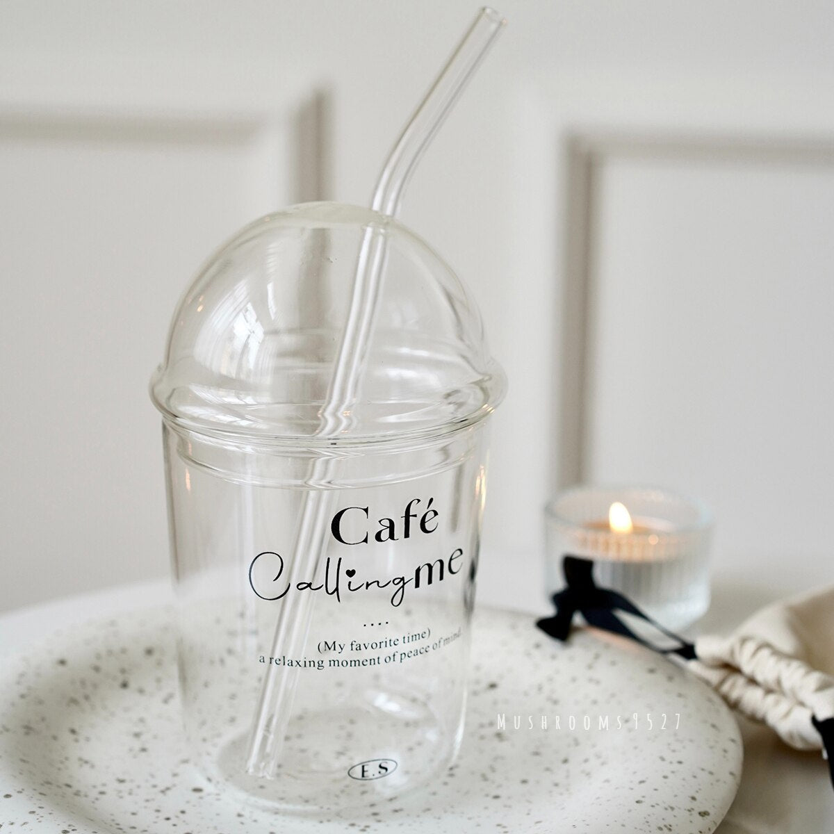 French Letter Glass Cup With Straw & Lid