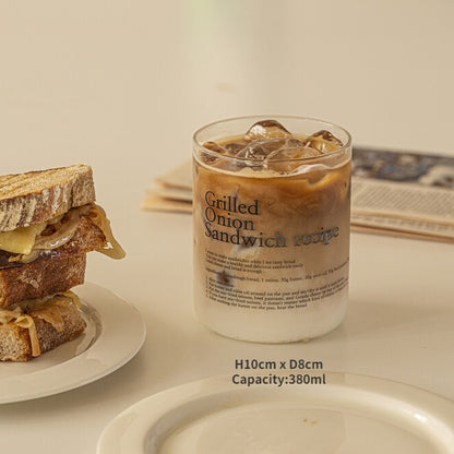 iced coffee home glass with recipe written on the glass 