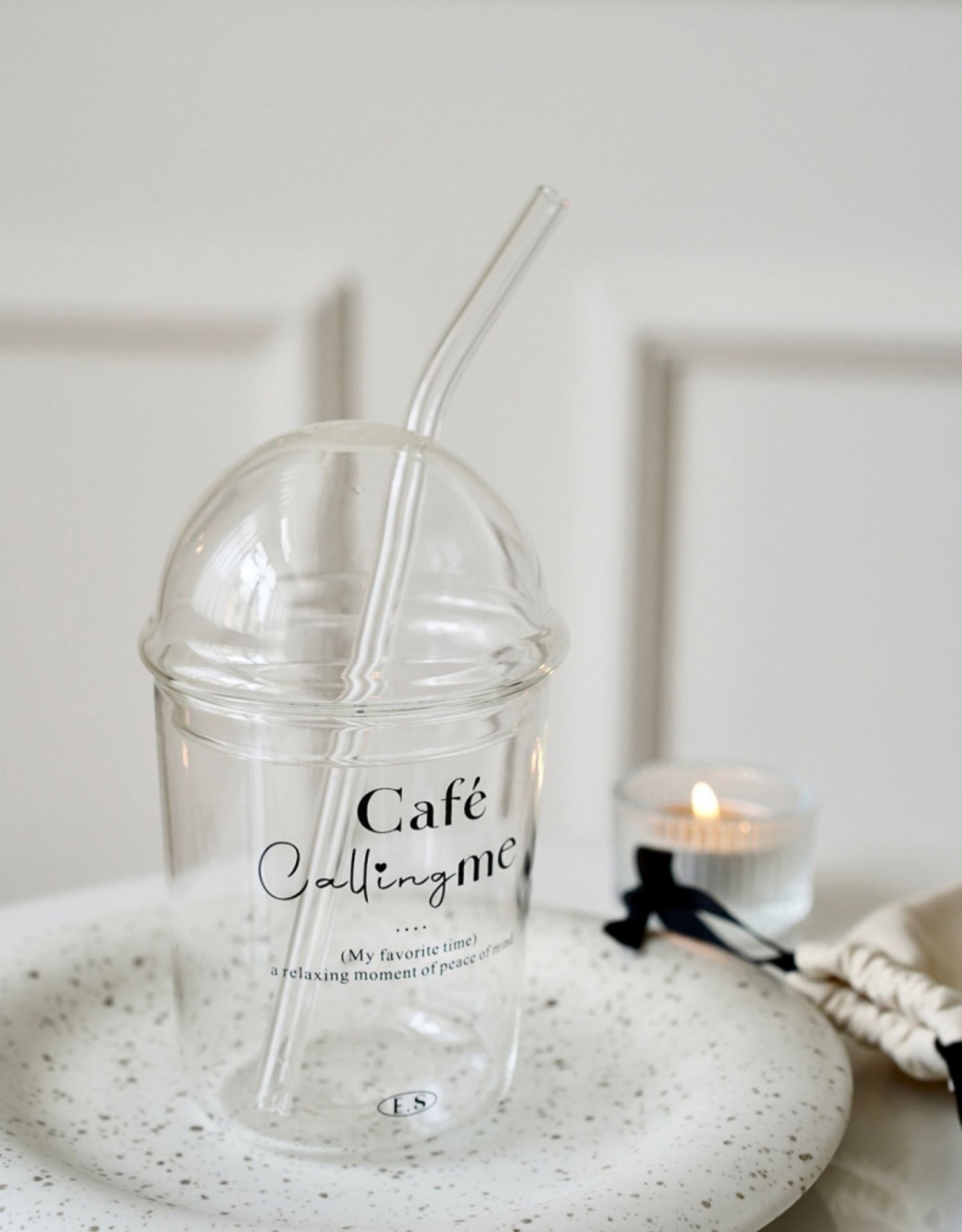 French Letter Glass Cup With Straw & Lid