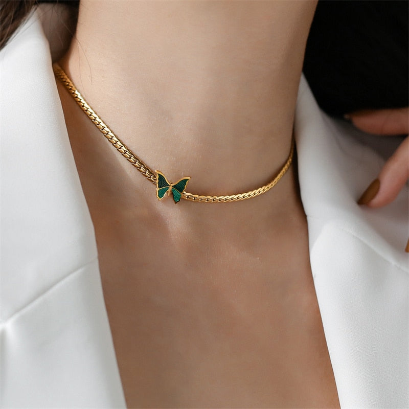 green butterfly choker necklace